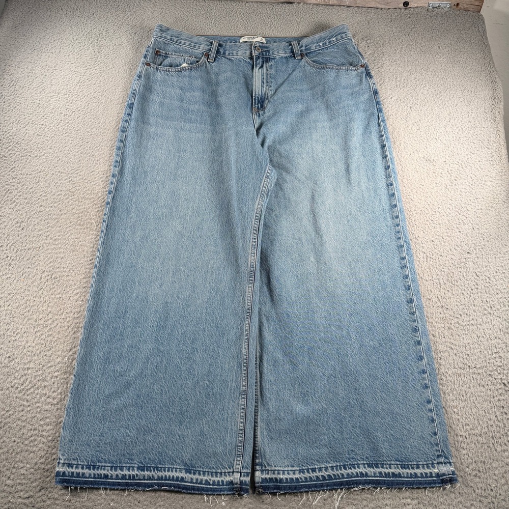 Abercrombie & Fitch Wide Leg Jeans Womens 34 Short Blue 38x27 High Rise Raw Hem